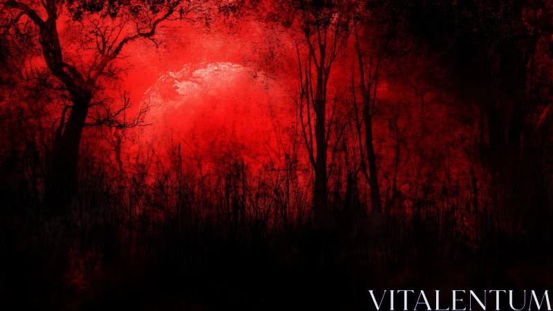 Blood red moon over dark silhouetted forest scene.