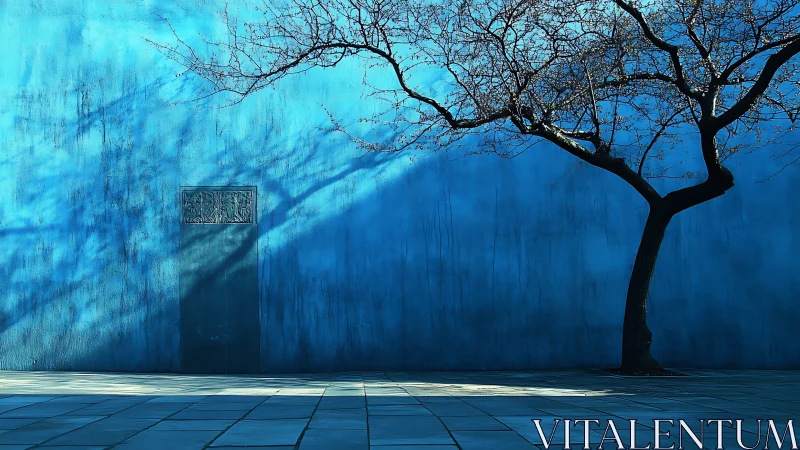 Whispering blue wall and winter tree trading long shadows.