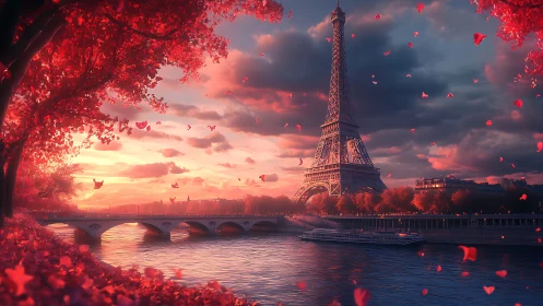 Romantic sunset bathes the Eiffel Tower in rose light