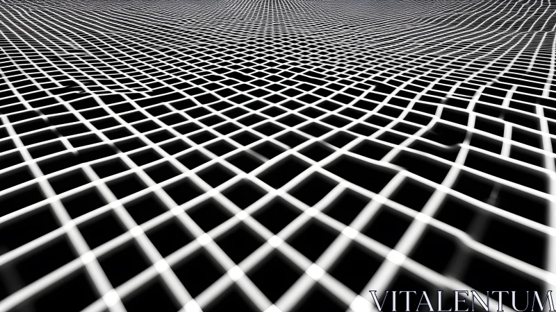 Abstract warped grid pattern in black and white digital art.