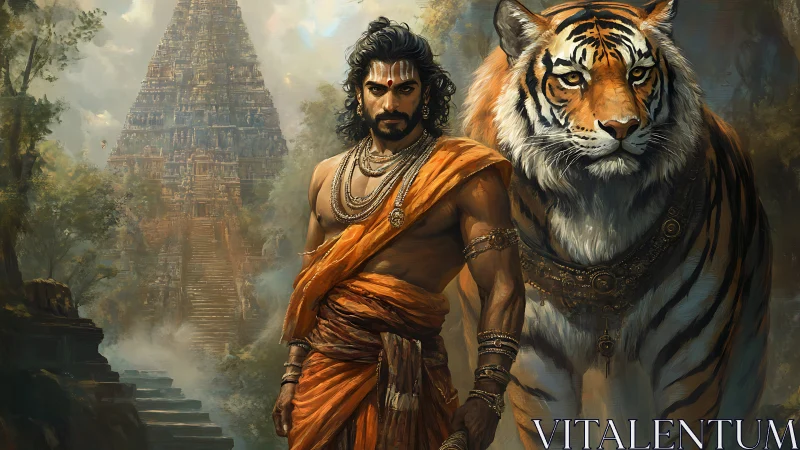 Tiger-bonded guardian strides from misted temple jungle