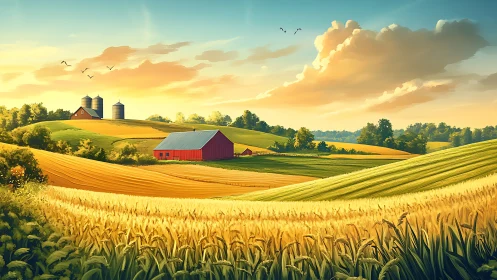 Golden farm fields roll gently under a calm summer sky