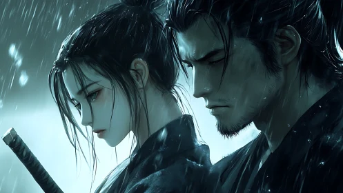 Two samurai stand in close profile under steady rainfall