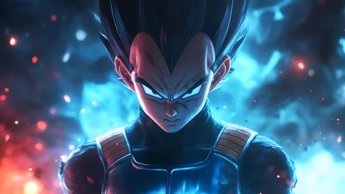 Intense anime warrior surrounded by glowing blue energy.