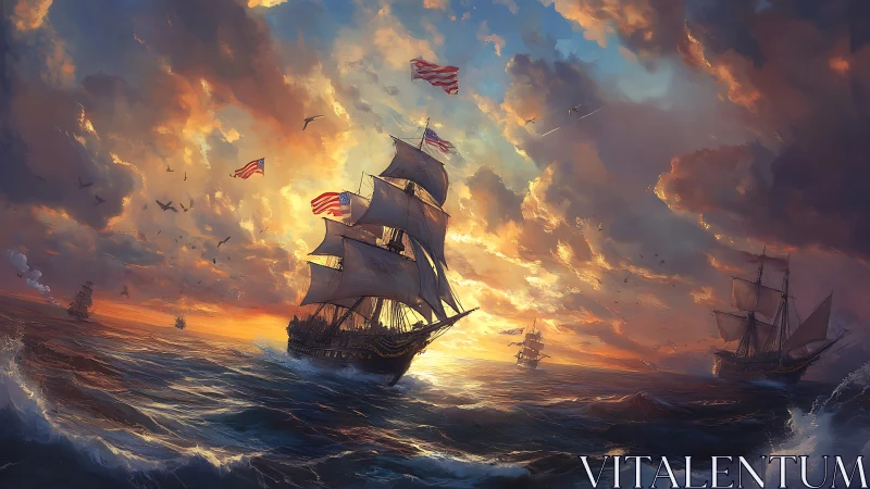 Majestic tall ship sails through blazing sunset sky at sea.