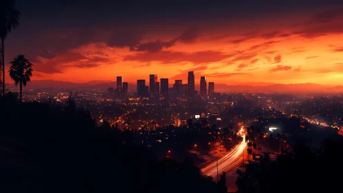 Urban skyline at dusk with illuminated traffic corridor.