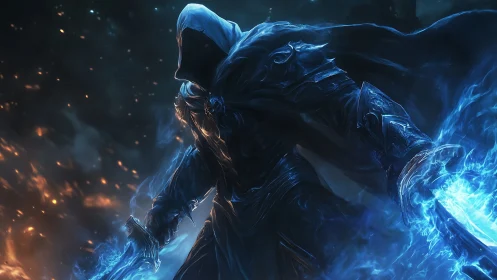 Hooded armored figure with blue energy blades in darkness.