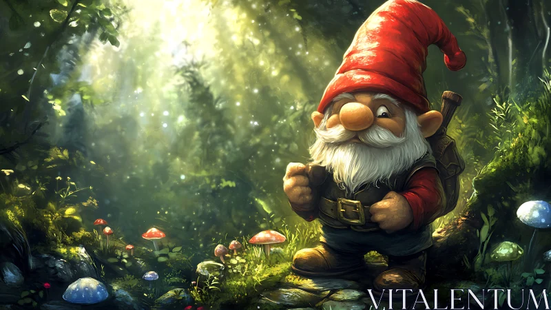 Forest gnome stands among glowing mushrooms in sunlit glade