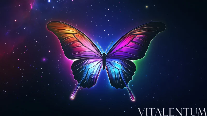 Starlit neon butterfly drifting through a cosmic twilight sky.