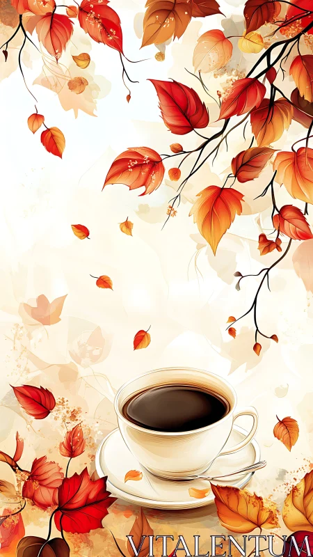 Steam from the cup braids gently through drifting autumn leaves