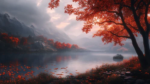 Autumn lake shoreline under volumetric fog and warm backlighting