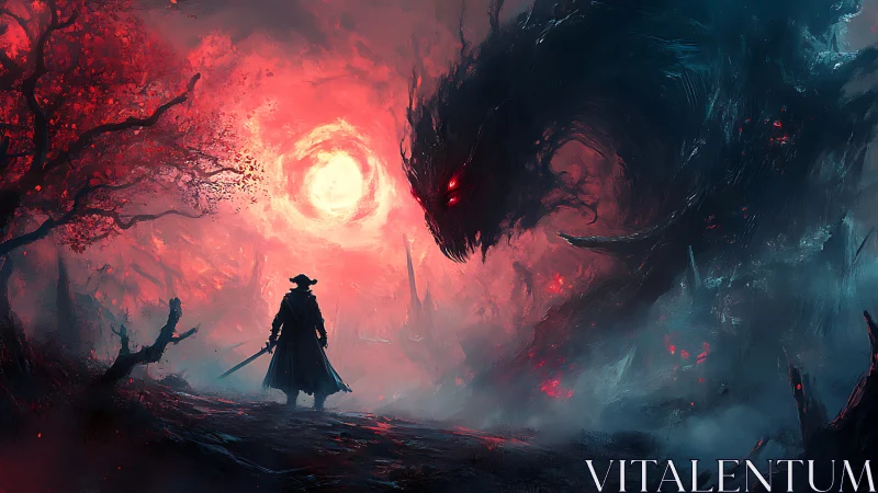 Silhouetted swordsman confronts colossal red-eyed void entity at dusk