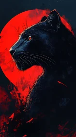 Black cat profile with luminous red moon backdrop and ink splatter effects