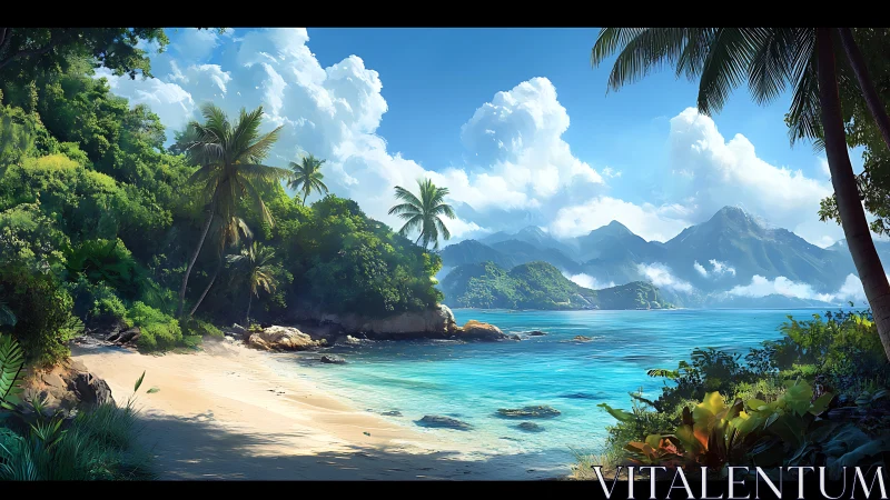 Tropical coastline with island mountains and turquoise water.