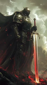 Dark armored knight with fiery greatsword on infernal cliff.