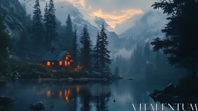 Cabin with warm lights by misty alpine lake at dusk.