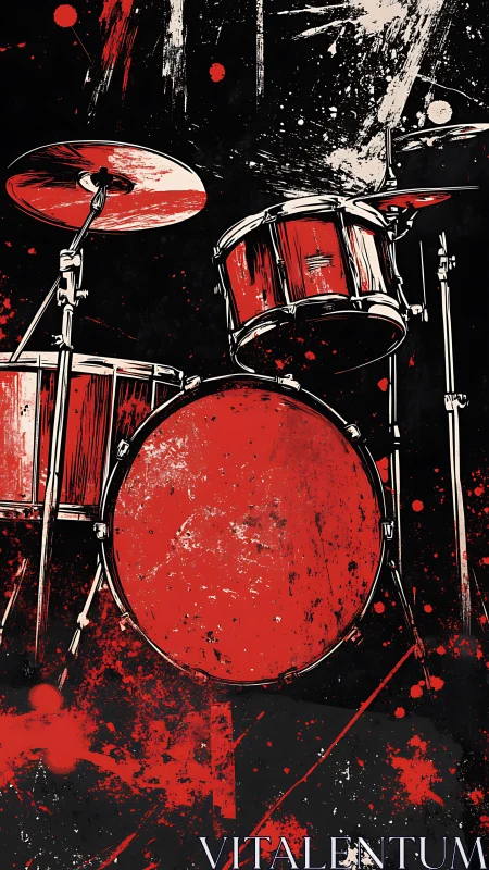 Kinetic red drum kit with splatter dynamics on black field.