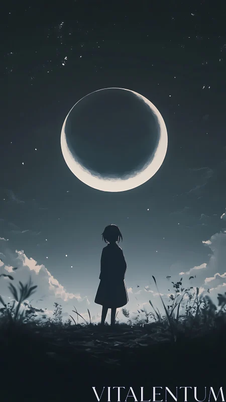 Quiet child gazes up at a glowing crescent moon in wonder