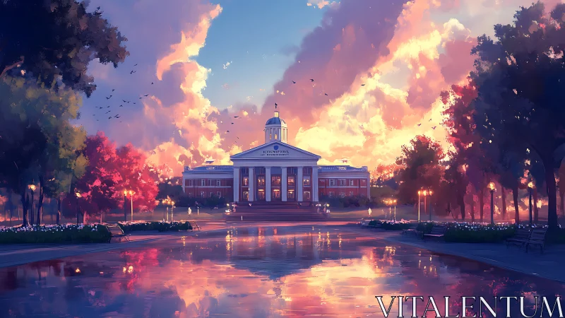 Sunset reflections over a quiet campus library plaza.