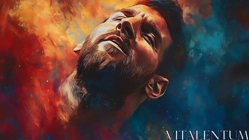 Digital portrait of bearded man in fiery cosmic colors.