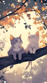 Two Cats Perched on Branch Against Golden Autumn Foliage