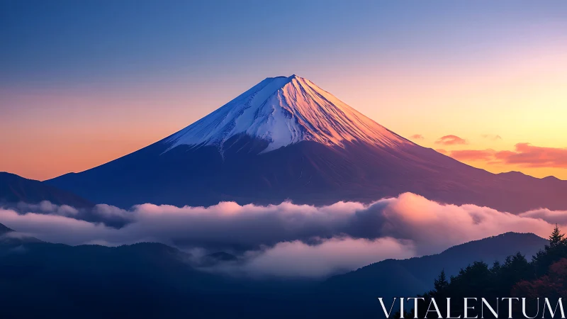 Snow-capped stratovolcano ridge illuminated by warm twilight gradients