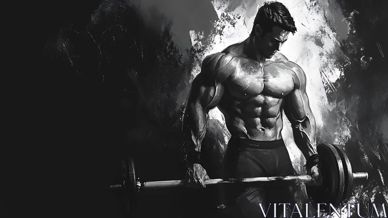 Muscular man performs barbell curl in monochrome artwork