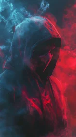 Bilateral chromatic hooded figure in volumetric smoke field.