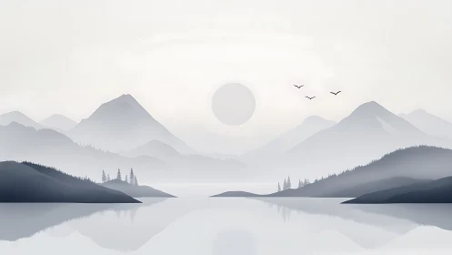 Minimalist grayscale mountain lake with atmospheric depth rendering.
