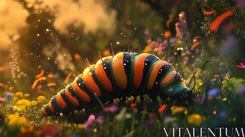 Glowing striped caterpillar crawls through enchanted meadow.