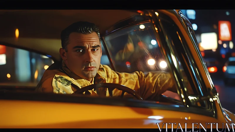 Noir cab driver steers through neon-soaked midnight streets.