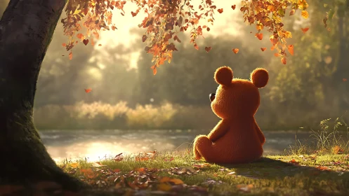 Teddy bear sitting by autumn lake under warm sunlight.