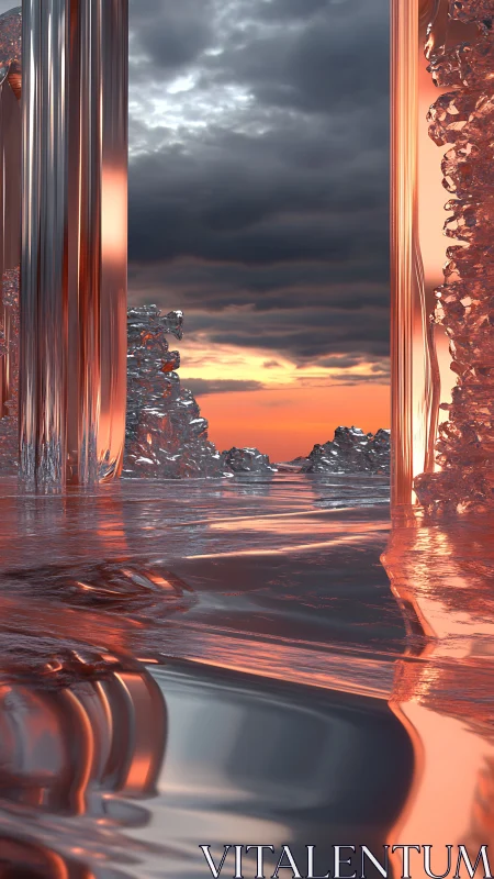 Molten chrome seascape framing storm-lit digital sunset.