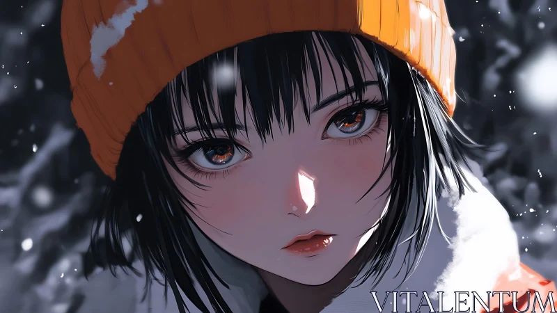Winter-bright gaze of a girl in an orange beanie hat.