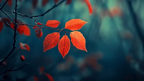 Crimson leaves suspended in soft teal forest bokeh.