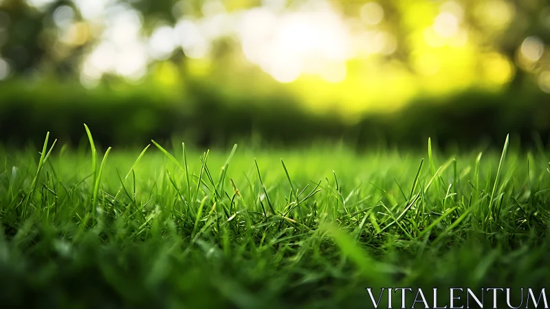 Sunlit Green Grass Close-Up With Soft Natural Bokeh Background.