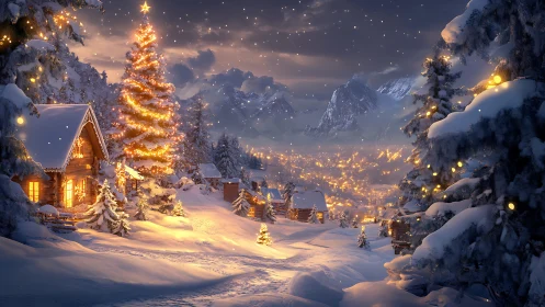 Snowy mountain village with illuminated Christmas tree.