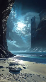 Moonlit alien shoreline with towering sea monoliths.