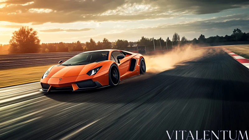 Orange supercar powers through sunset racetrack corner at speed