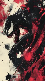 Dark symbiote rises amid wild red streaks and shadows.