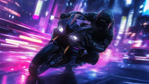 Neon-lit superbike racer cuts through cybernetic city haze