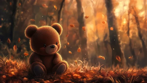 Plush teddy bear in soft glowing autumn forest scene.