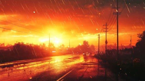 Sunset road shows wet asphalt and heavy diagonal rainfall