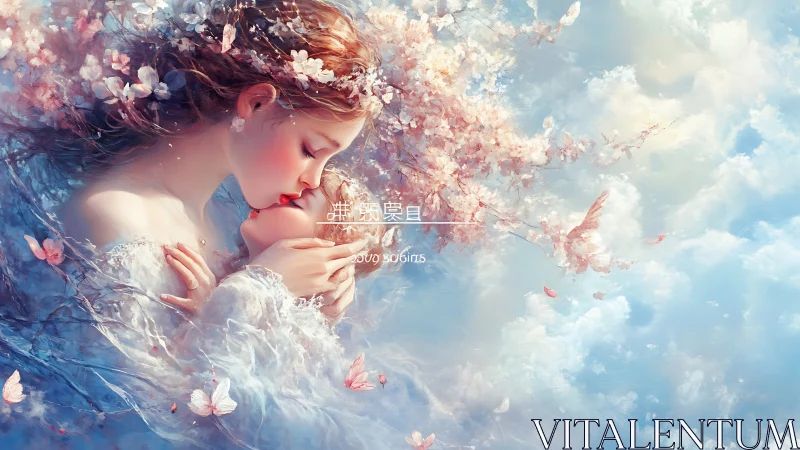 A serene dreamer lost in blossoms and clouds