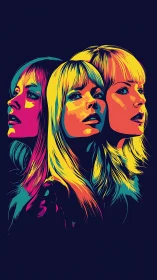 Neon pop portrait triptych with vivid flowing hair silhouettes.