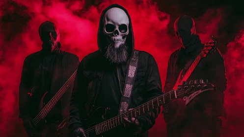 Hooded skull-masked metal band stands in dense red fog