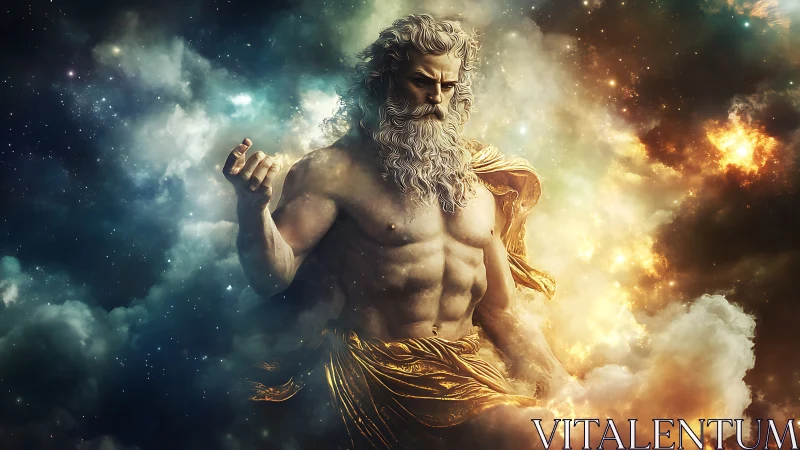 Stormforged elder strides through nebula-lit celestial thunder