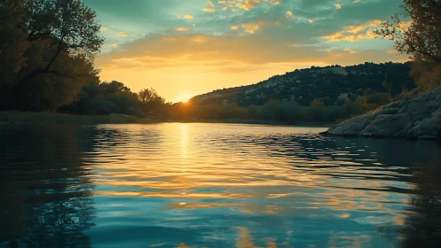 Low-angle lake sunset with reflective ripples and silhouetted hills