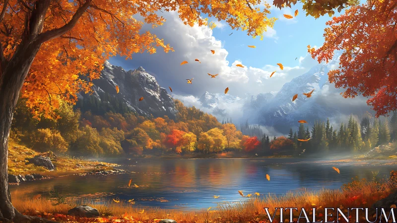 Mountain lake landscape with autumn foliage and clouds.