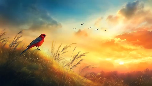 Red songbird on grassy hillside under vivid sunset sky.